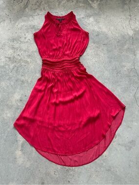 White House Black Market Smocked Waist Satin Red Midi Dress!